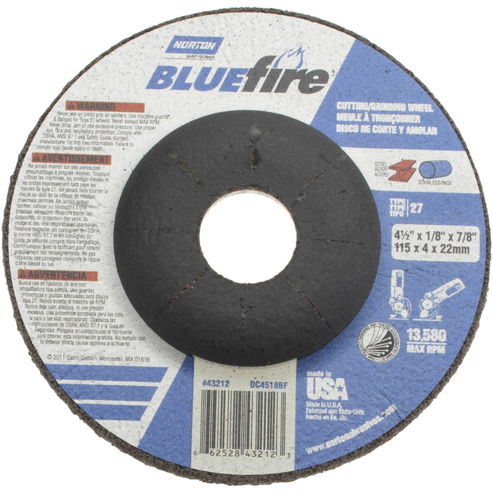 Norton 66252843212 Depressed Center Wheel Type 27, 4-1/2" Dia, Zirconia Alumina