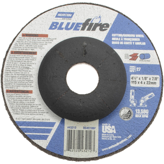 Norton 66252843212 Depressed Center Wheel Type 27, 4-1/2" Dia, Zirconia Alumina
