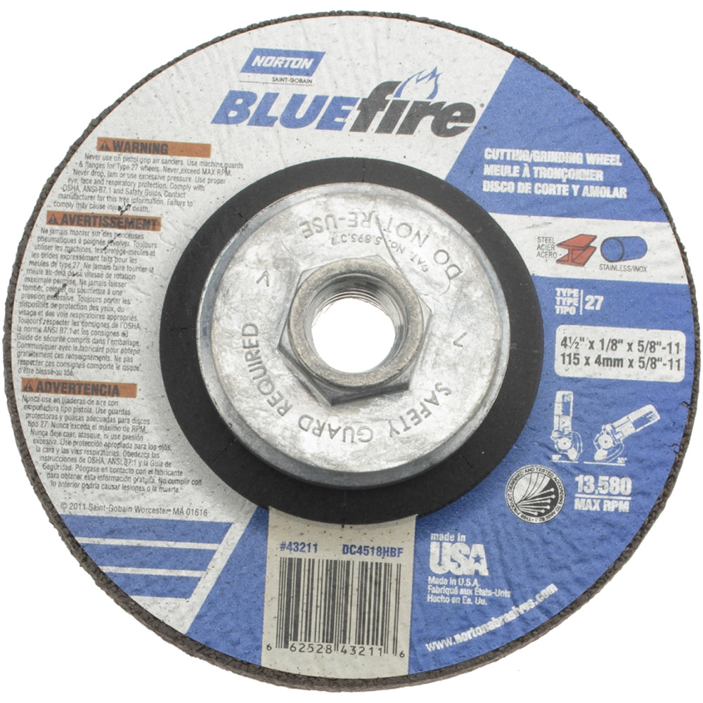 Norton 66252843211 Depressed Grinding Wheel  Type 27,  4-1/2" Dia,  1/8" Thick,  Zirconia Alumina