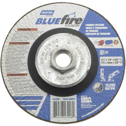 Norton 66252843206 Depressed Grinding Wheel  Type 27,  4-1/2" Dia,  1/8" Thick,  Zirconia Alumina & Silicon Carbide
