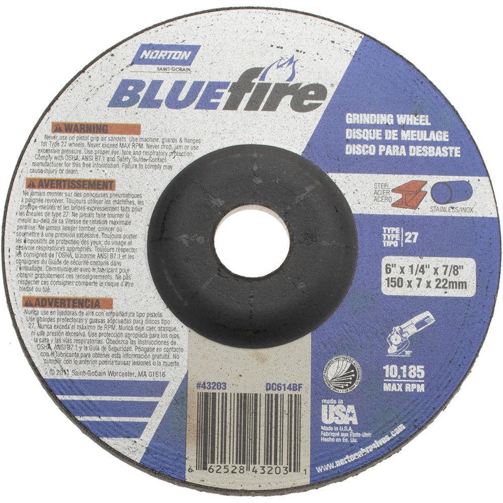 Norton 66252843203 Depressed Center Wheel Type 27, 6" Dia, Zirconia Alumina