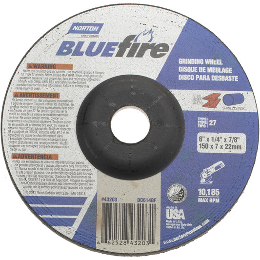 Norton 66252843203 Depressed Center Wheel Type 27, 6" Dia, Zirconia Alumina