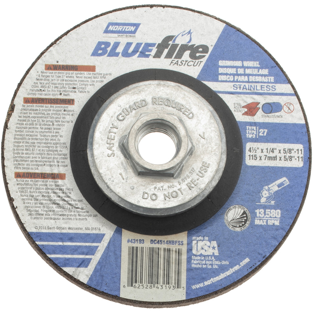Norton 66252843193 Depressed Center Wheel Type 27, 4-1/2" Dia, Zirconia Alumina