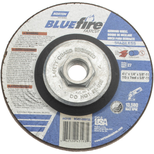 Norton 66252843193 Depressed Center Wheel Type 27, 4-1/2" Dia, Zirconia Alumina