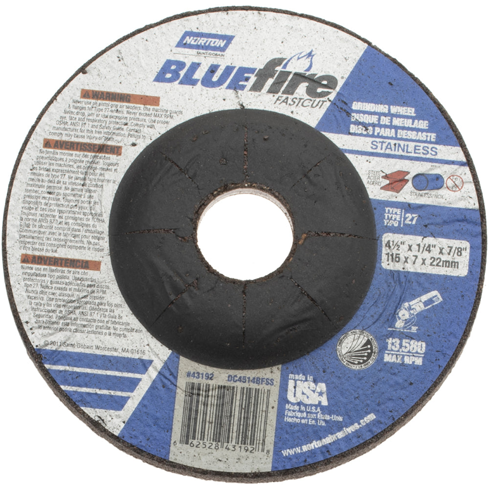 Norton 66252843192 Depressed Center Wheel Type 27, 4-1/2" Dia, Zirconia Alumina