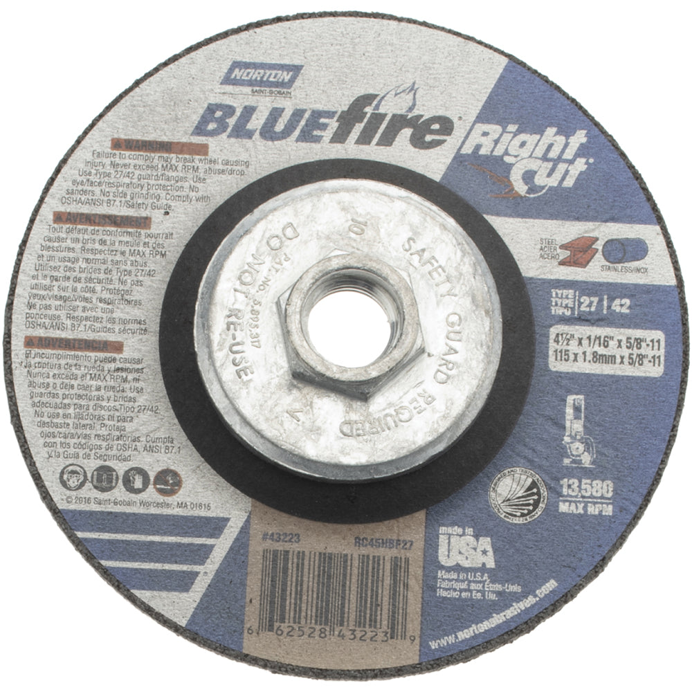 Norton 66252843223 Depressed Center Wheel Type 27, 4-1/2" Dia, Zirconia Alumina