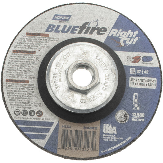 Norton 66252843223 Depressed Center Wheel Type 27, 4-1/2" Dia, Zirconia Alumina