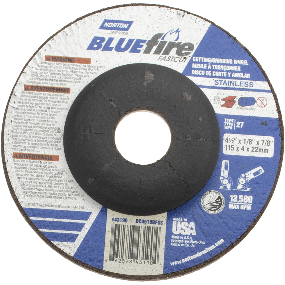 Norton 66252843190 Depressed Grinding Wheel  Type 27,  4-1/2" Dia,  1/8" Thick,  7/8" Hole,  Zirconia Alumina