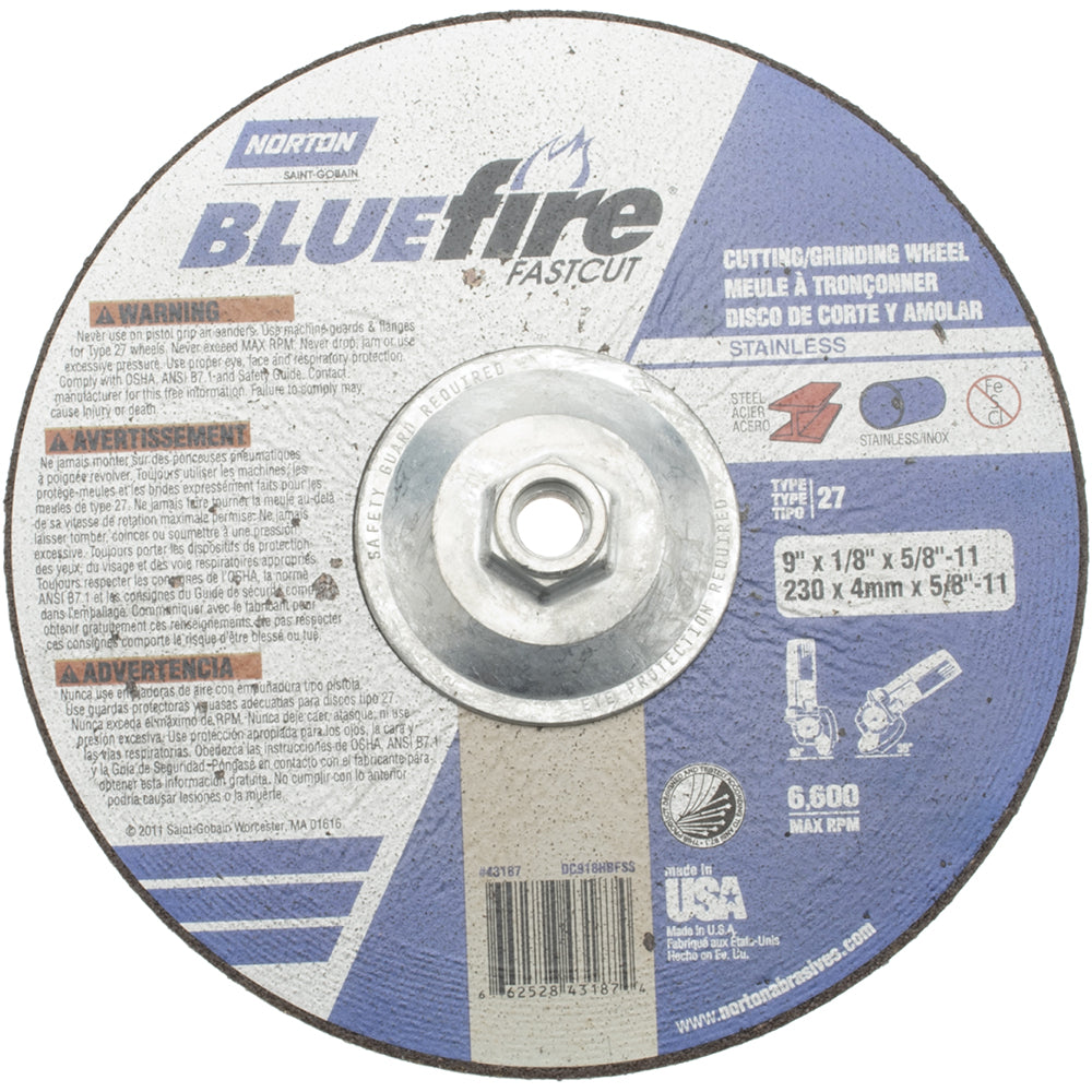 Norton 66252843187 Depressed Center Wheel Type 27, 9" Dia, Zirconia Alumina
