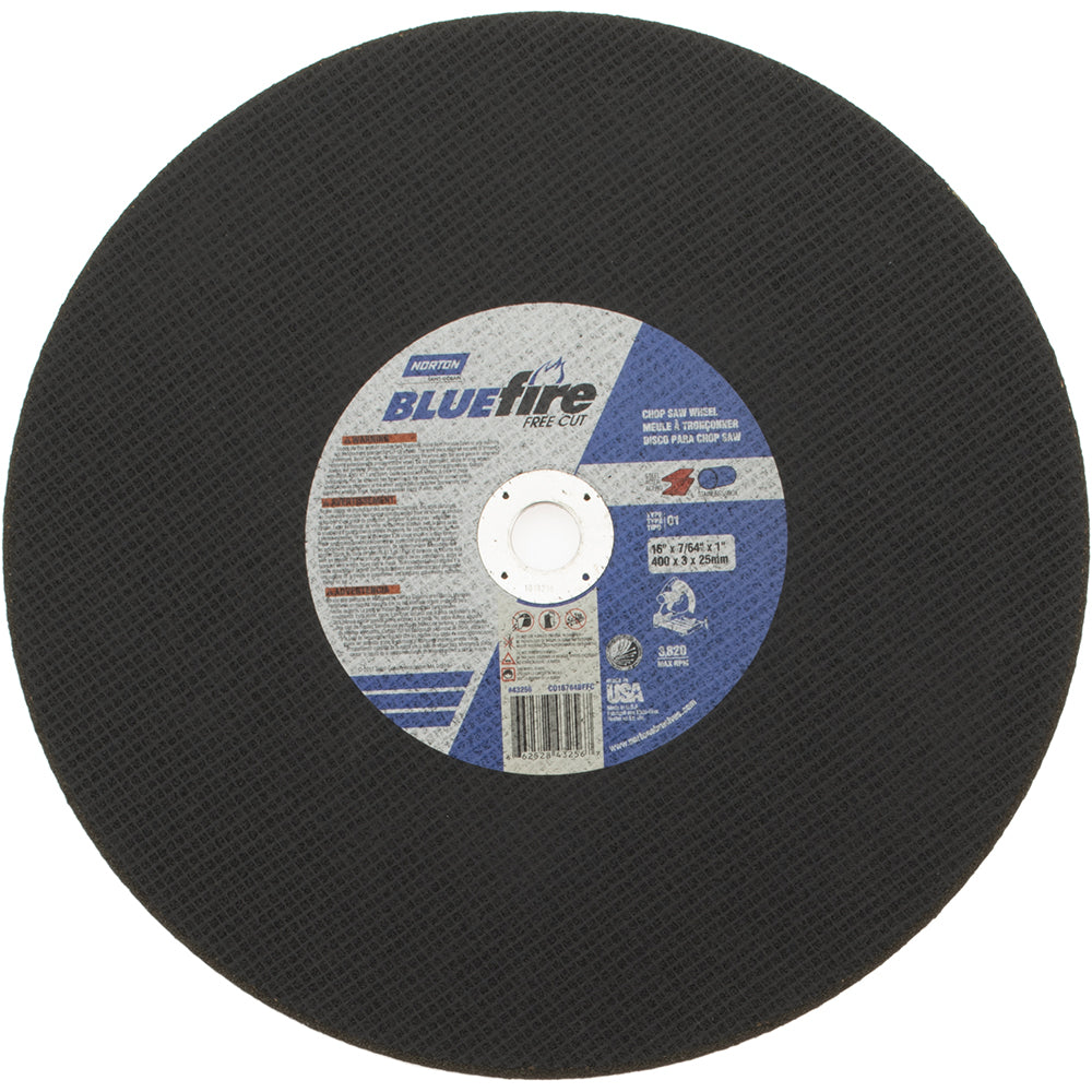 Norton 66252843256 Cut-Off Wheel Type 1, 16" Dia, 7/64" Thick, 1" Hole, Zirconia Alumina