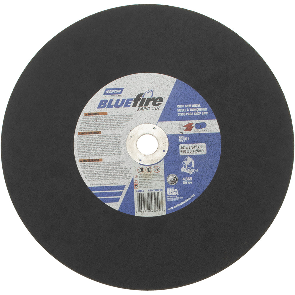 Norton 66252843254 Cut-Off Wheel Type 1, 14" Dia, 7/64" Thick, 1" Hole, Zirconia Alumina