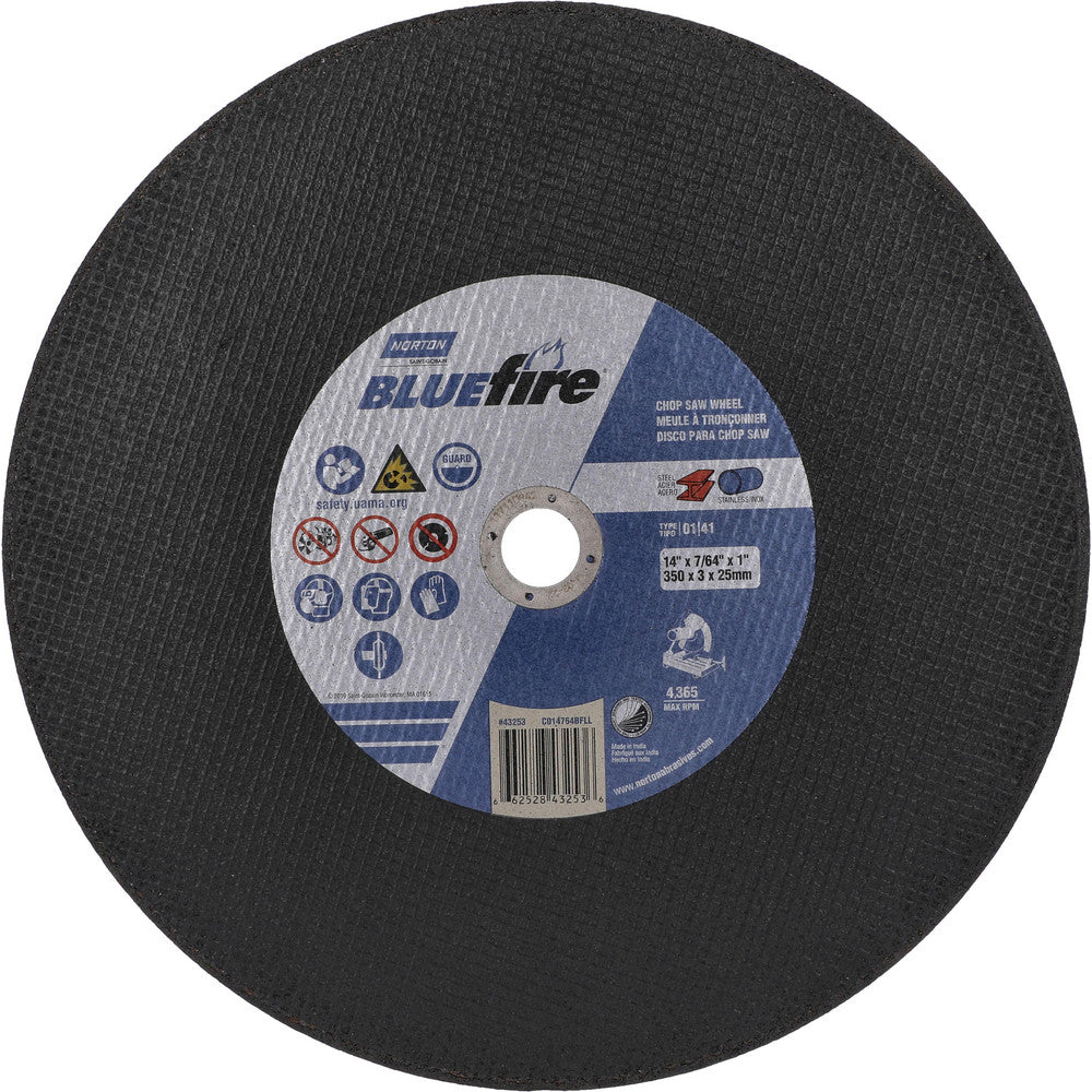 Norton 66252843253 Cut-Off Wheel Type 1, 14" Dia, 7/64" Thick, 1" Hole, Zirconia Alumina