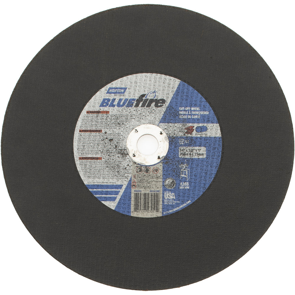 Norton 66252843251 Cut-Off Wheel Type 1, 14" Dia, 1/8" Thick, 1" Hole, Zirconia Alumina