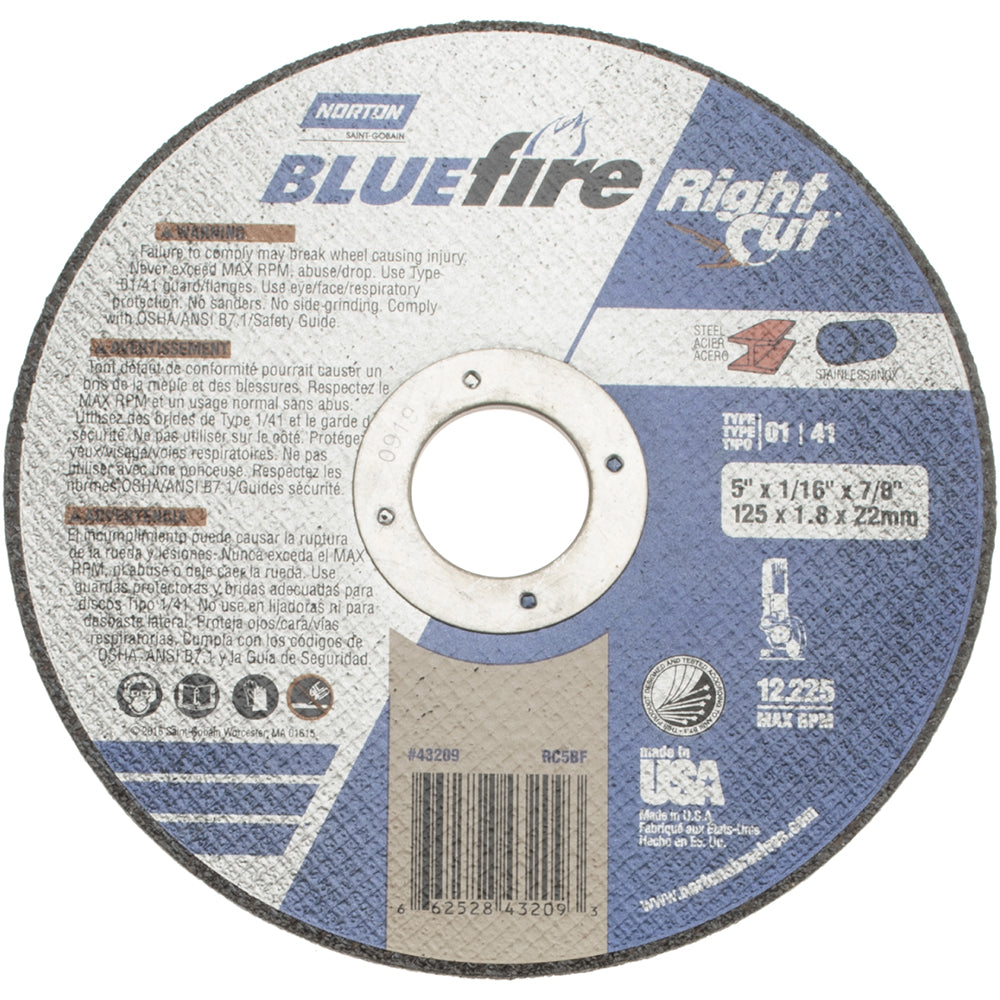 Norton 66252843209 Cutoff Wheel Type 1, 5" Dia, 1/16" Thick, 7/8" Hole, Zirconia Alumina
