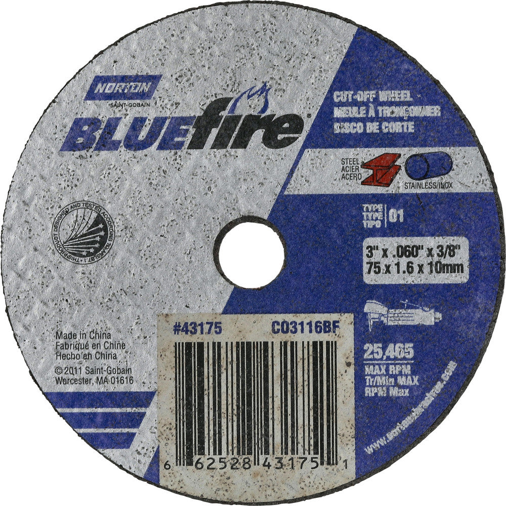 Norton 66252843175 Cut-Off Wheel Type 1, 3" Dia, 1/16" Thick, 3/8" Hole, Zirconia Alumina