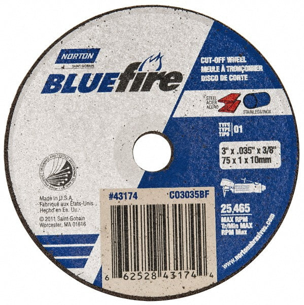 Norton 66252843174 Cutoff Wheel Type 1, 3" Dia, 0.035" Thick, 3/8" Hole, Zirconia Alumina