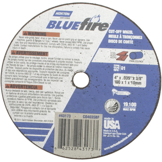 Norton 66252843173 Cutoff Wheel Type 1, 4" Dia, 0.035" Thick, 3/8" Hole, Zirconia Alumina