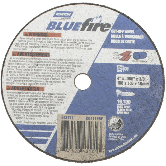 Norton 66252843171 Cut-Off Wheel Type 1, 4" Dia, 1/16" Thick, 3/8" Hole, Zirconia Alumina
