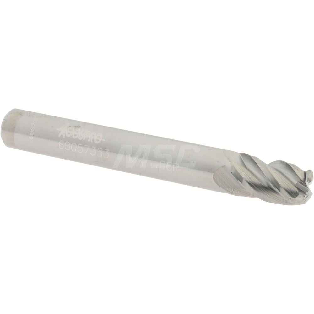Accupro 60057353 Corner Radius End Mill 1/4" Dia, 3/8" LOC, 0.06" Radius, 4 Flutes, Solid Carbide