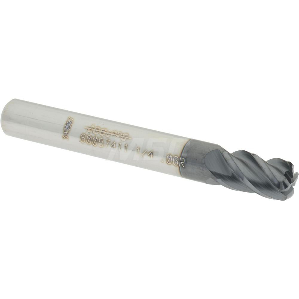 Accupro 60057411 Corner Radius End Mill 1/4" Dia, 3/8" LOC, 0.06" Radius, 4 Flutes, Solid Carbide