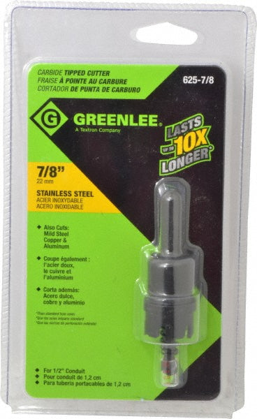 Greenlee 625-7/8 Hole Saws Saw Diameter (Inch) 7/8  Saw Material Tungsten Carbide  Cutting Depth (Inch) 11/64  Cutting Depth (mm) 4.00  Cutting Depth (Decimal Inch) 0.1640