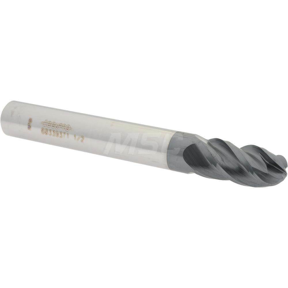 Accupro 60339371 Ball End Mill 0.5" Dia, 1" LOC, 4 Flute, Solid Carbide