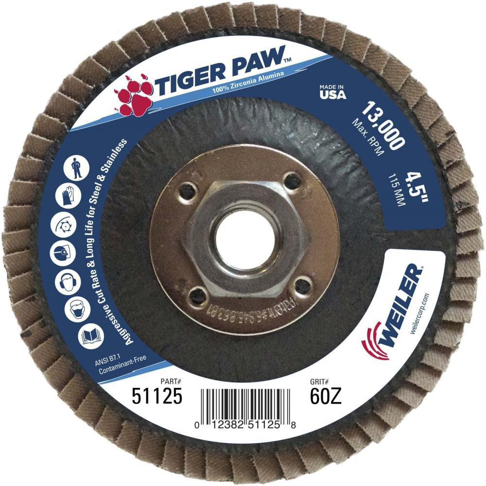 Weiler 51125 Flap Disc  4-1/2" Dia, 60 Grit, Zirconia Alumina, Type 29