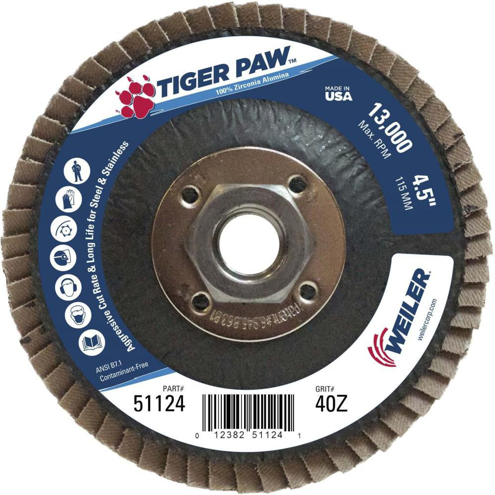 Weiler 51124 Flap Disc  4-1/2" Dia, 40 Grit, Zirconia Alumina, Type 29