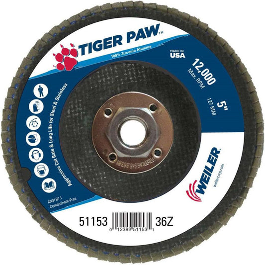 Weiler 51153 Flap Disc  5" Dia, 36 Grit, Zirconia Alumina, Type 27