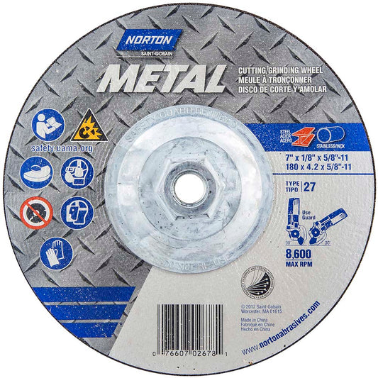 Norton 07660702678 Depressed Center Wheel Type 27, 7" Dia, 1/8" Thick, Aluminum Oxide