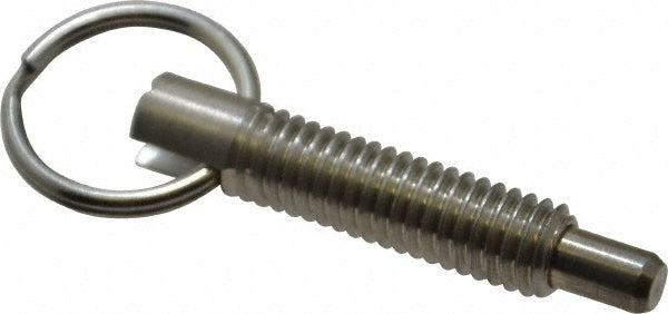 Vlier SPR375 3/8-16, 1.2" Thread Length, 0.233" Plunger Diam, 3/8" Plunger Projection, 2 Lb Init to 4 Lb Final End Force, Stainless Steel Locking Pull Ring Plunger