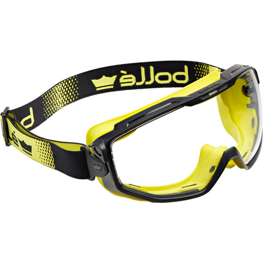Bolle Safety Inc. UNIVGN10W Safety Goggles Vent Type Indirect  Protection Type Splash Dust  Lens Color Clear  Lens Material Polycarbonate  Frame Color Black Yellow  Frame Material Polycarbonate TPR