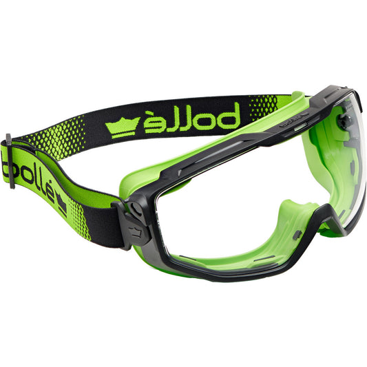 Bolle Safety Inc. UNIVGN11W Safety Goggles Vent Type Ventless  Protection Type Splash Dust  Lens Color Clear  Lens Material Polycarbonate  Frame Color Black Green  Frame Material Polycarbonate TPR