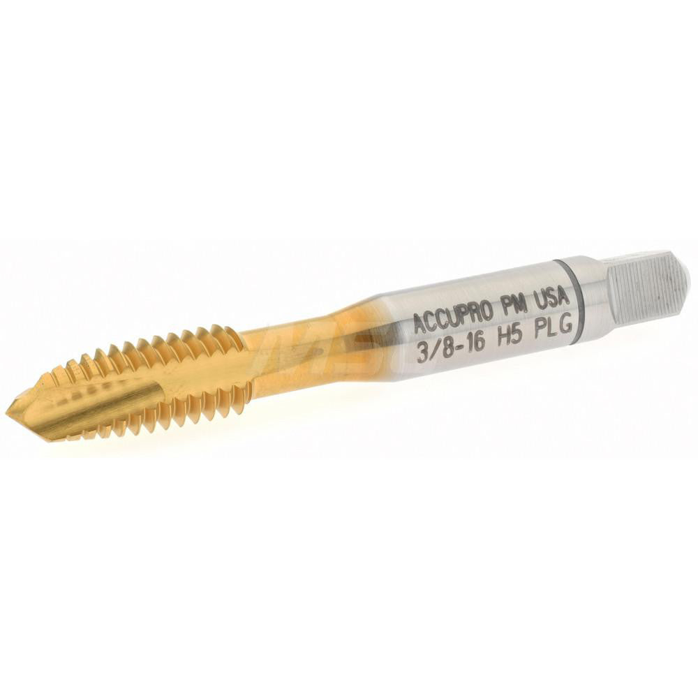 Accupro 30125-00T Spiral Point Tap 3/8-16 UNC, 3 Flutes, Plug Chamfer, 2B Class of Fit, High-Speed Steel-PM, TiN Coated