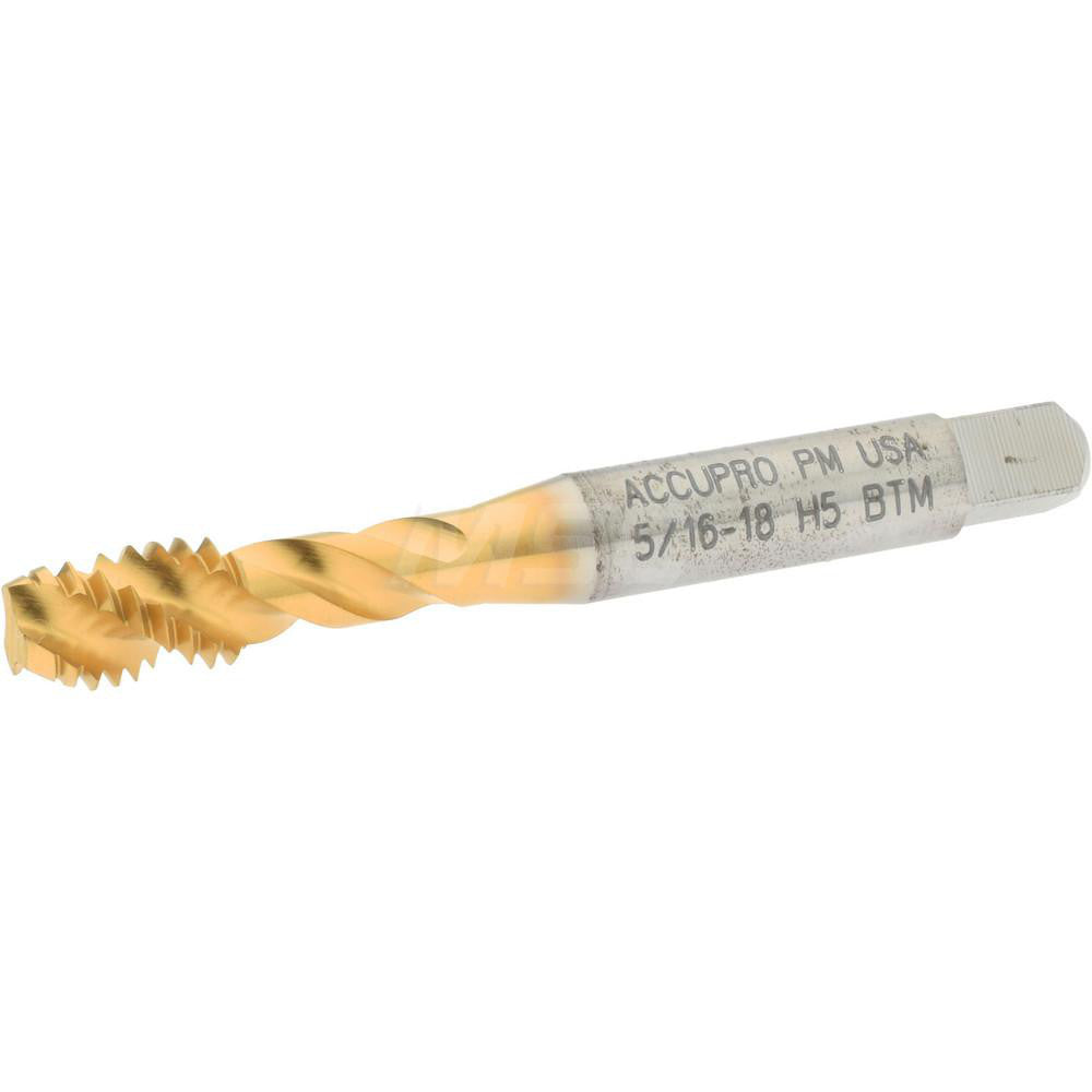 Accupro 40105-01T Spiral Flute Tap 5/16-18, UNC, 3 Flute, Modified Bottoming Chamfer, 2B Class of Fit, Powdered Metal, TiN Finish