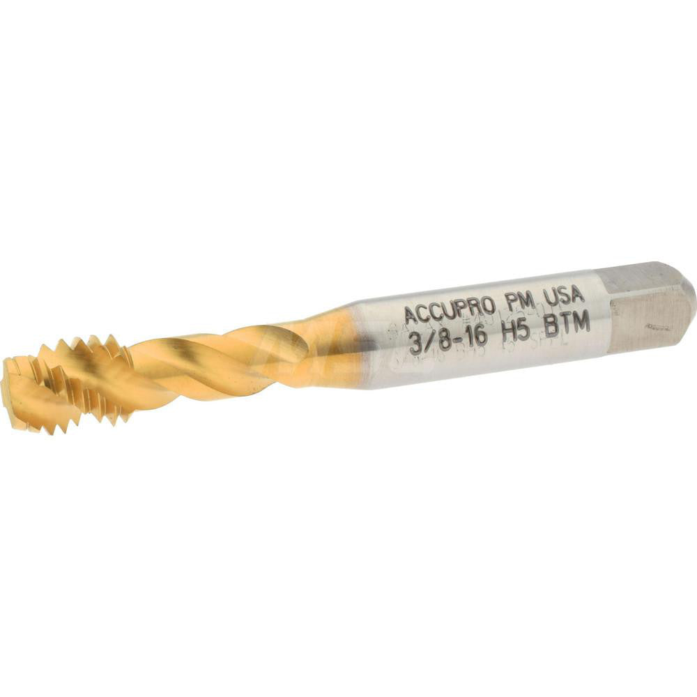 Accupro 40125-01T Spiral Flute Tap 3/8-16, UNC, 3 Flute, Modified Bottoming Chamfer, 2B Class of Fit, Powdered Metal, TiN Finish