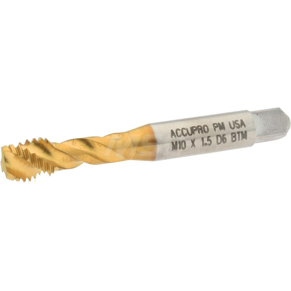 Accupro 43076-01T Spiral Flute Tap M10x1.5, Metric Coarse, 3 Flute, Modified Bottoming Chamfer, 6H Class of Fit, Powdered Metal, TiN Finish