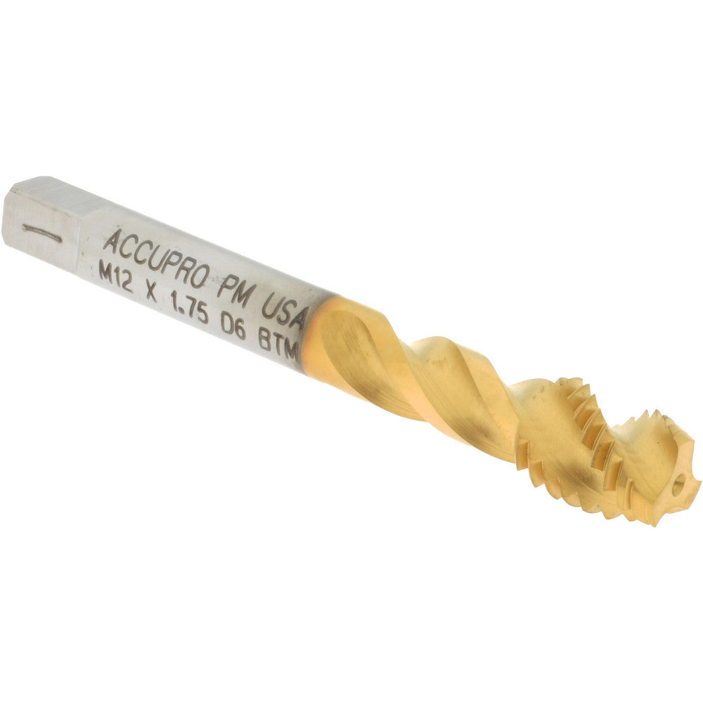 Accupro 43086-00T Spiral Flute Tap M12x1.75, Metric Coarse, 3 Flute, Modified Bottoming Chamfer, 6H Class of Fit, Powdered Metal, TiN Finish