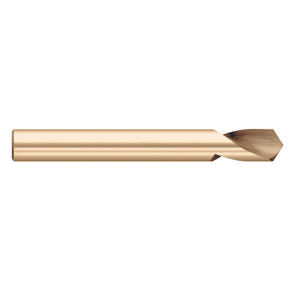 Titan USA TC95459 Spotting Drills Drill Point Angle 120  Cutting Diameter (Decimal Inch) 0.3750  Overall Length (Inch) 3-1/8  Tool Material Cobalt M-42  Coating/Finish Gold Oxide  Single/Double Ended Single