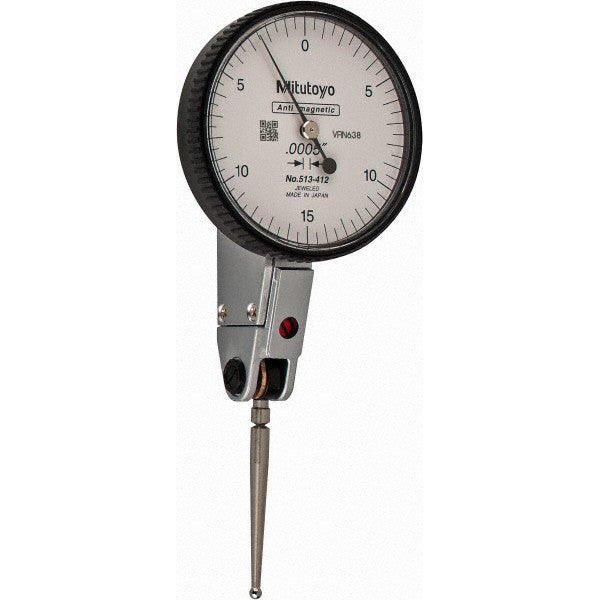 Mitutoyo 513-412-10E Horizontal Dial Test Indicator 0.0300" Max, 0-15-0 Dial Reading, 0.000500" Accuracy