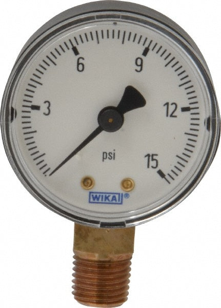 Wika 4252919 Pressure Gauge 2" Dial, 0 to 15 psi, 1/4" Thread, NPT, Lower Mount