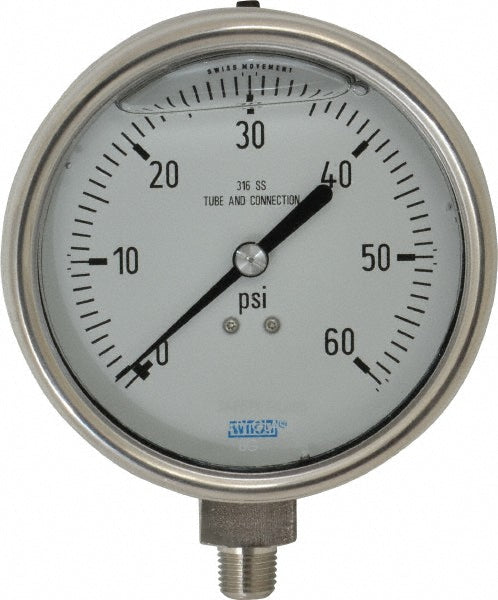 Wika 9832365 Pressure Gauge 4" Dial, 0 to 60 psi, 1/4" Thread, NPT, Lower Mount