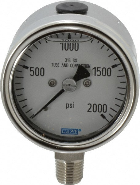 Wika 9251723 Pressure Gauge 2-1/2" Dial, 0 to 2,000 psi, 1/4" Thread, NPT, Lower Mount
