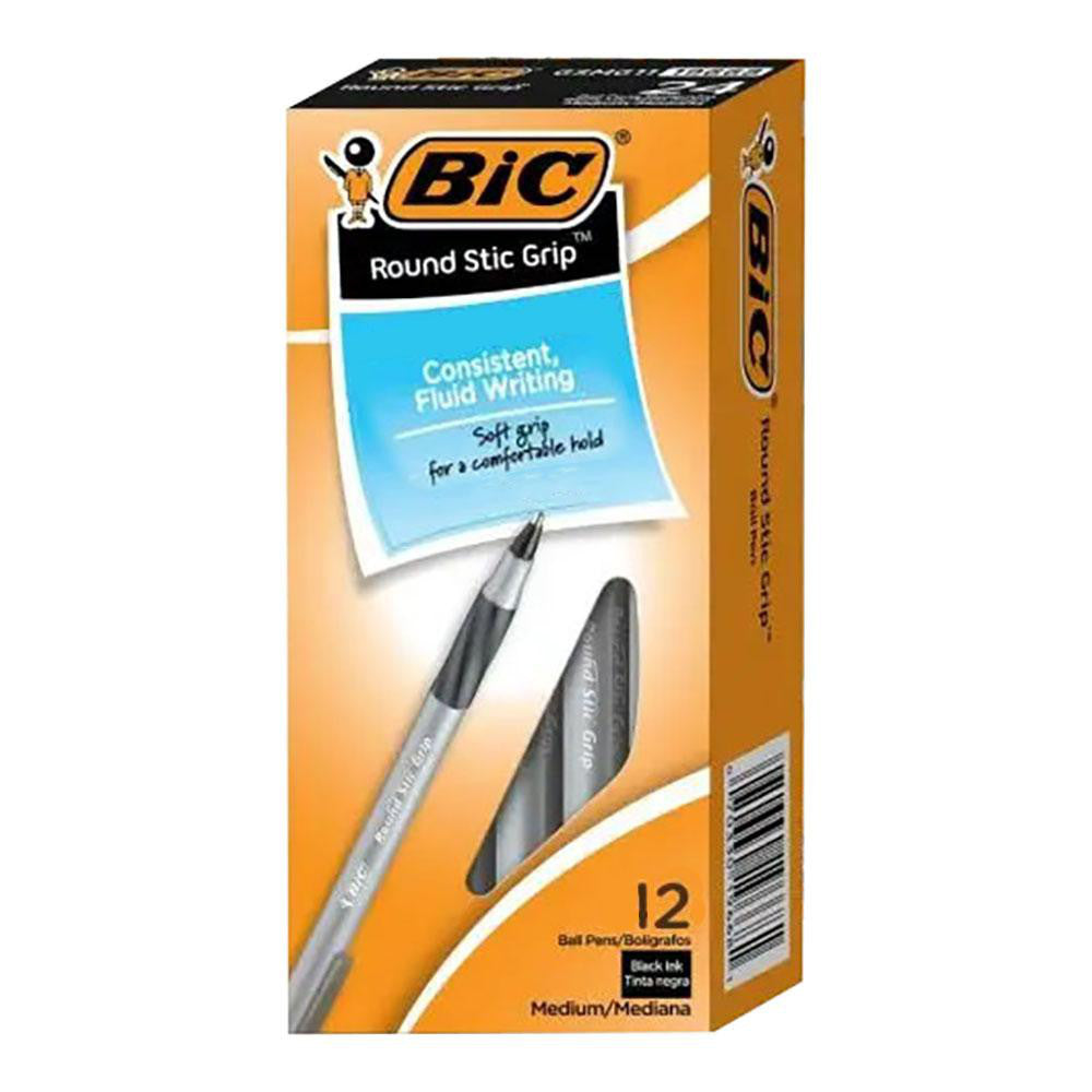 Bic BICGSM11BK Round Stick Grip Pen Ball Tip, Black Ink