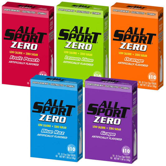 All Sport 41115 Activity & Sport Drinks Drink Type Activity Drink  Form Powder  Container Yields (oz.) 16.90  Flavor Assorted Blue Raz Ice Fruit Punch Grape Orange Lemon-Lime  Container Type Pouch Packet  Sugar Content Sugar Free