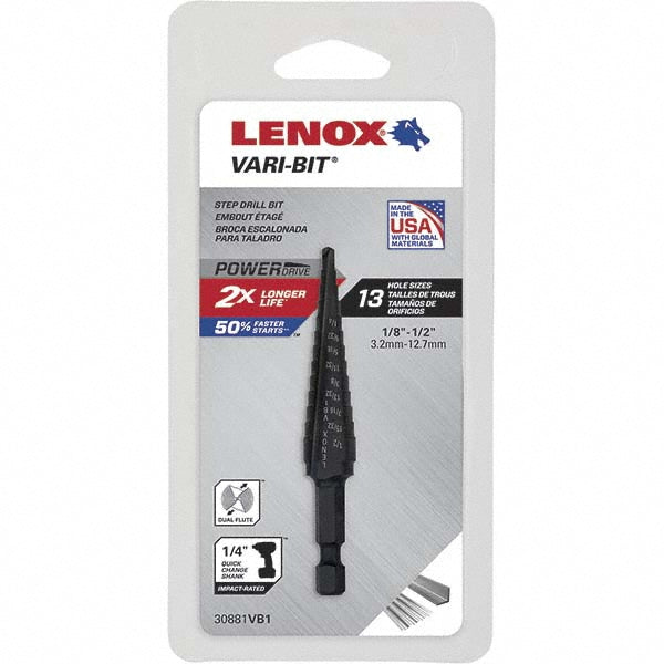 Lenox 30881VB1 Step Drill Bit 3.2 to 12.7 mm Dia, 1/4" Shank Dia, High Speed Steel, 13 Hole Sizes