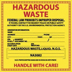 AccuformNMC HW7L Hazardous Material Label "Hazardous Waste - Federal Law Prohibits Improper Disposal", Square, 6" Wide, 6" High