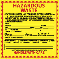 AccuformNMC HW15 Hazardous Material Label "Hazardous Waste - State & Federal Law Prohibits Improper Disposal", Square, 6" Wide, 6" High