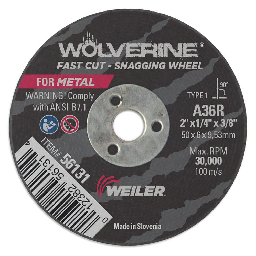 Weiler 56131 Surface Grinding Wheel 2" Dia, 1/4" Thick, 3/8" Arbor, 36 Grit