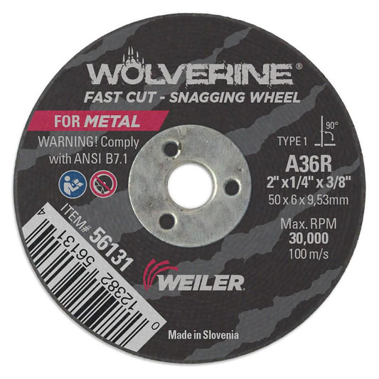 Weiler 56131 Surface Grinding Wheel 2" Dia, 1/4" Thick, 3/8" Arbor, 36 Grit